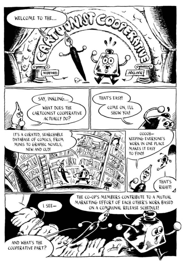 A comic explains the nature of the Cartoonists Cooperative, starring an ink pot and an ink nib pen. The answer to the pen's question, "What does the cartoonist collection actually do?" is "It's a curated, searchable database of comics, from minis to graphic novels, new and old!"