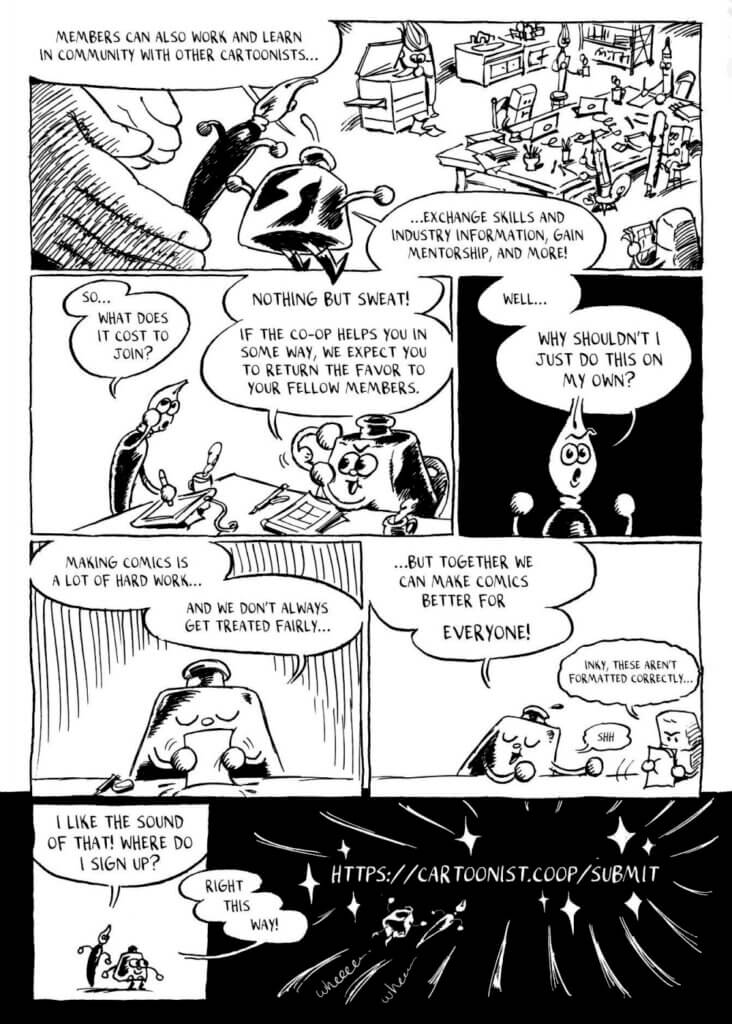 A comic explains the nature of the Cartoonists Cooperative