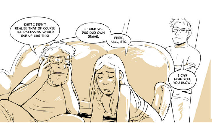 A panel from Polyamory Comics - Sara and Paju hide behind a couch discussing how they've dug themselves into a hole, while HP looms behind them judgingly.