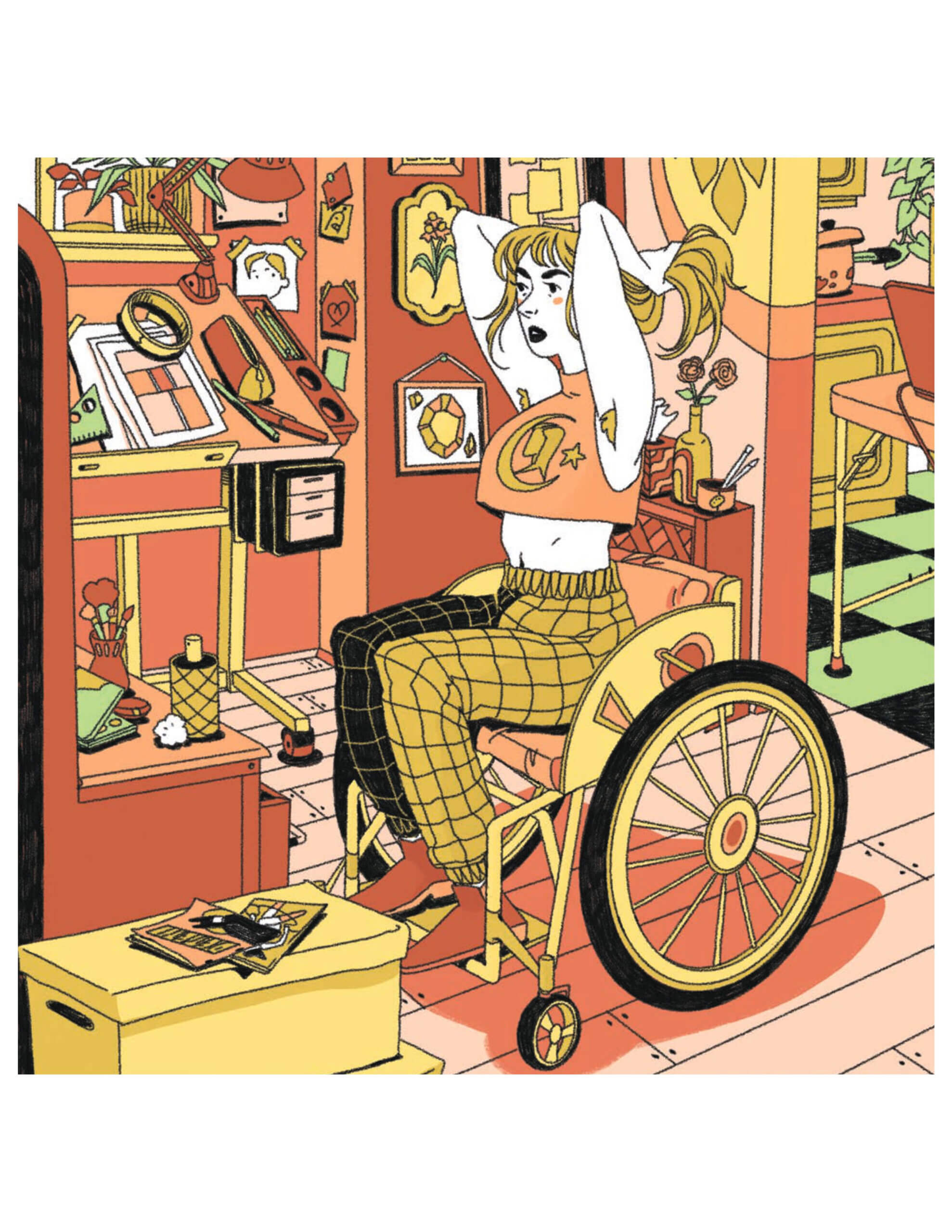 A woman sits in her wheelchair in the center of the room, pulling long hair up into a ponytail. She is wearing a crop top, plaid pants, and boots. The room around her is full of drawings and art prints posted on the wall, a drafting table, and a kitchen in the background.