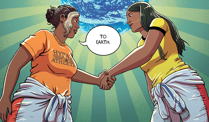 Panel from page 89 of Space Trash depicting two people shaking hands "to Earth"