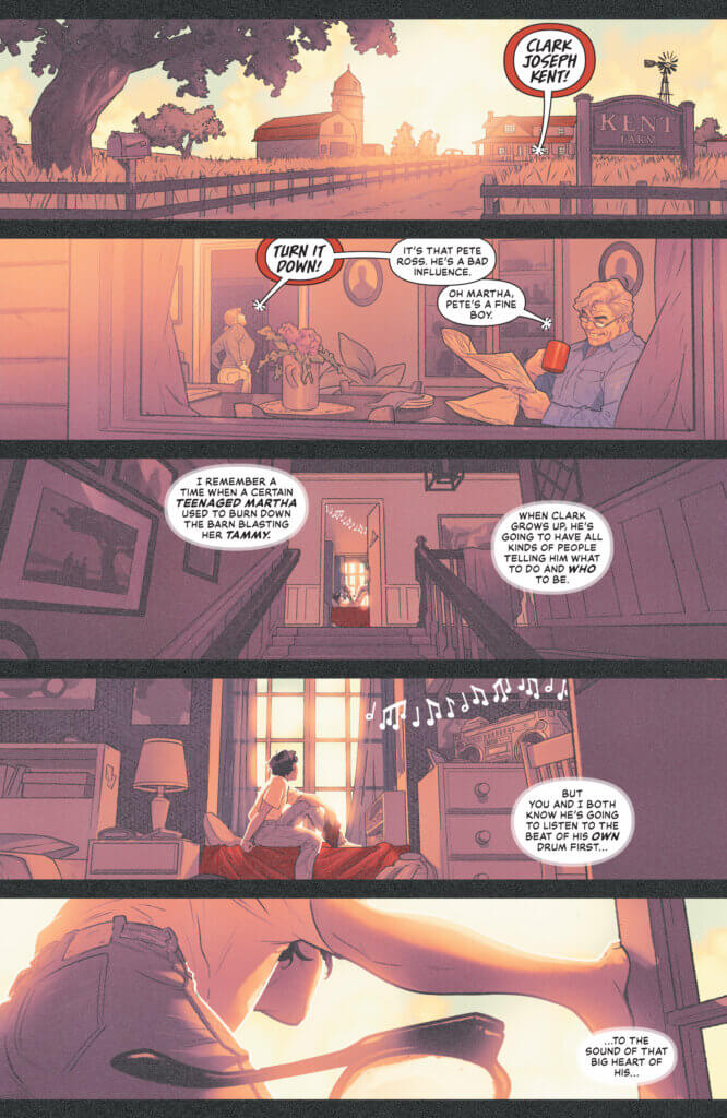 A teenage Clark Kent listening to loud music while Ma and Pa suffer through it.