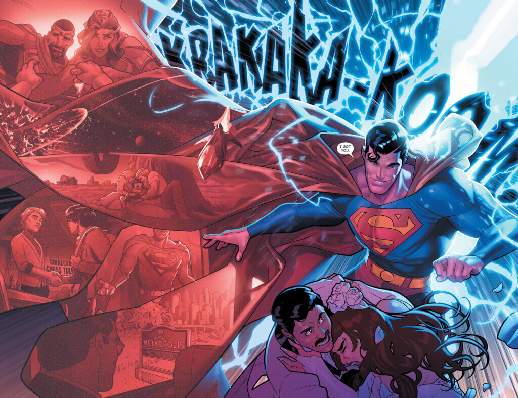 Superman saving a couple on their wedding day, as lighting crashes against his back, and key moments from his origin get captured in the spaces of his cape. 