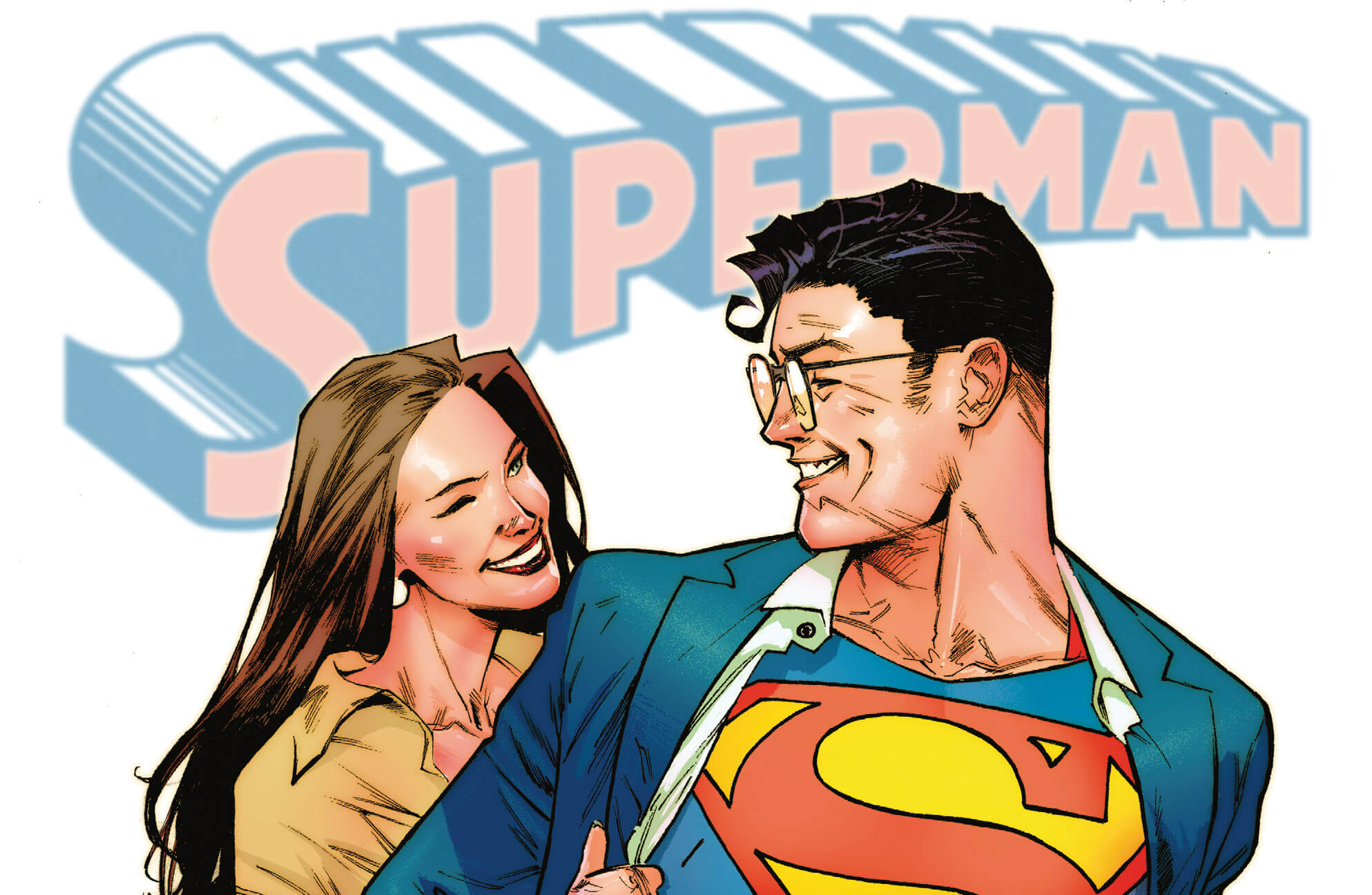 Graphic of Clark Kent revealing his Superman suit next to Lois Lane in front of the word Superman