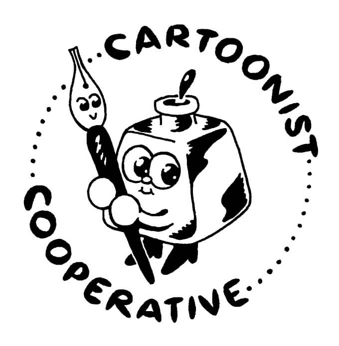 The Cartoonist Cooperative logo shows a cute inkwell and pen called Inkling and Nibford