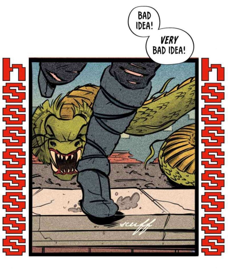 panel from reversal in which a hissing dragon's hiss is rendered outside the panel borders while the character runs forward.