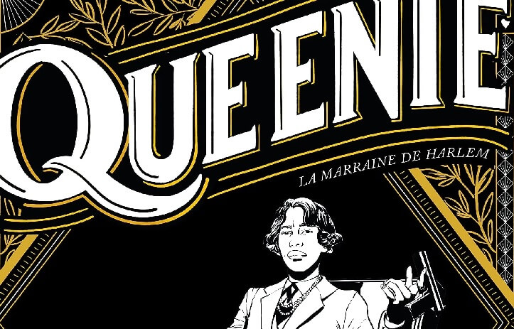 A crop of the cover of Queenie, focused on the large title letters and the head and shoulders of Queenie herself, wearing a suit and holding a pipe.