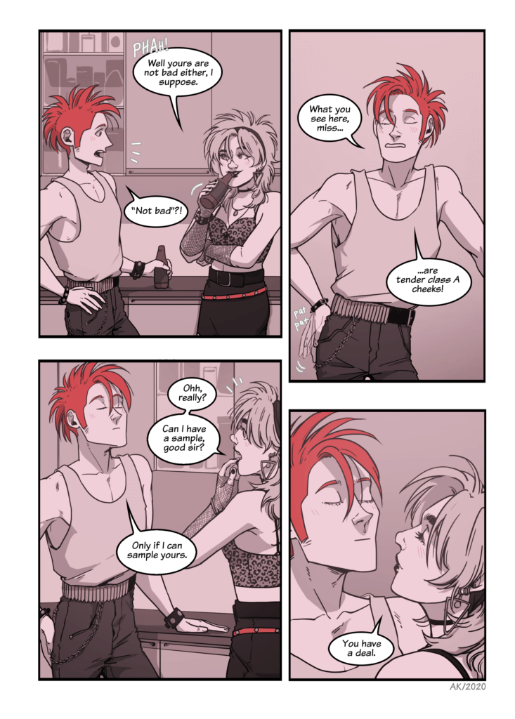 Joa, a red-haired man with a mohawk who is wearing a tank top and jeans, is featured in four comic panels alongside Jess, a woman with blond hair who is wearing a headband, very 80s-punk style jewelry and a leopard print tank top, They are in a kitchen, talking to each other.