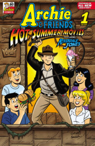 White teenager Jughead Jones wears an outfit that resembles Indiana Jones. His friends are posed around him as he stands framed in an archway which resembles one from the Raiders poster. He weilds a bullwhip, which is tied around the hero sandwich Reggie Mantle had been set to take a bite ot of; in his free hand is a cone of ice cream.