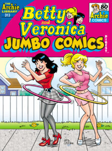 White dark-haired teenager veronica lodge and white, blonde-haired teenager betty cooper hula hoop out on a suburban street. Pale green grass, a white fence, and homes rise behind them. Veronica hula-hoops with a purple hoop; she wears a violet and white checked miniskirt, grey tights, and a red short-sleeved top. Betty's blonde hair is up in a ponytail, she wears a pink short-sleeved top, a pink belt, and a pair of pink shorts. They're both smiling and having fun.