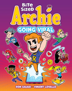 Archie Andrews, a red-haired white teenager drawn chibi style, stands triumphantly upon a cell phone. All around him, his friends zoom dynamically into the air with varrying degrees of enthusiasm against a purple to orange gradient background. 