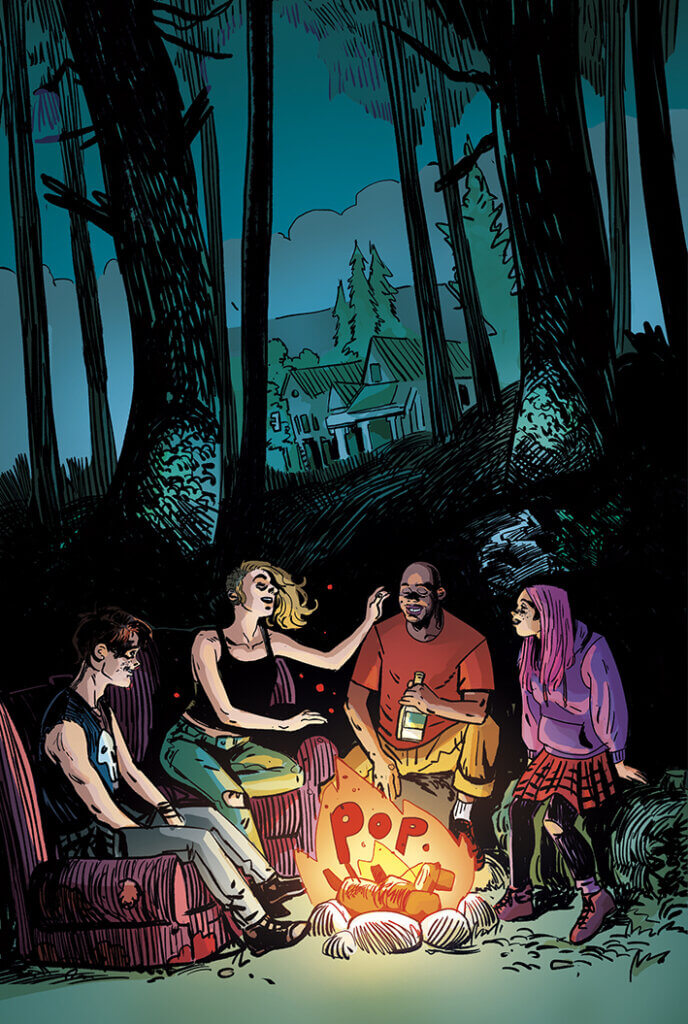 Four teenagers - two women, two men, three white, one black - sit around a campfire at night in a forest. 