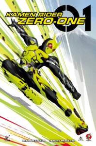 A large mecha-like robot in yellow-green and black flies through the air.