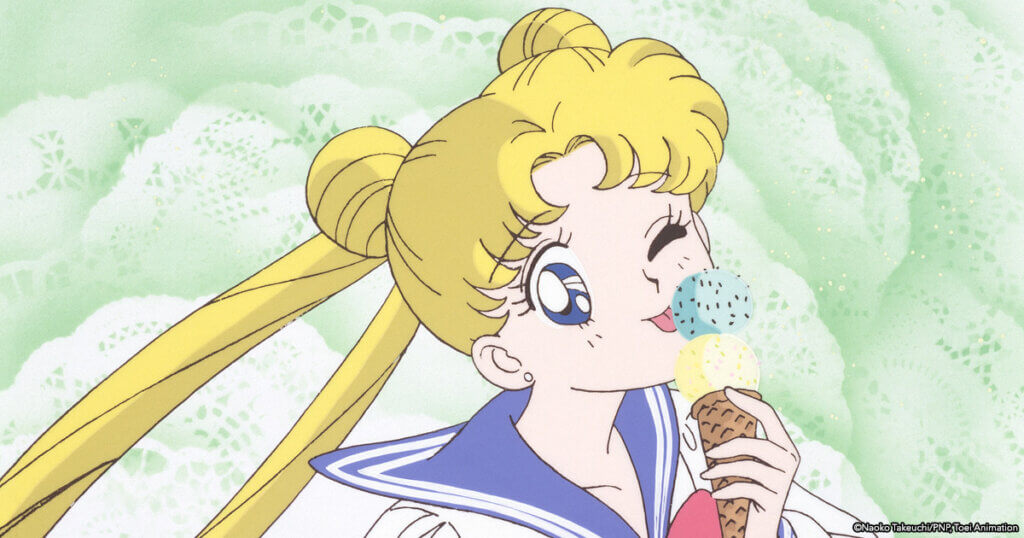 Usagi Tsukino eating ice cream in school uniform against green background.