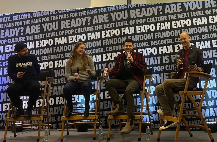 Carlos Valdes (Cisco Ramon/Vibe), Danielle Panabaker (Caitlyn Snow/Frost/Khione), Robbie Amell (Ronnie Raymond/F.I.R.E.S.T.O.R.M.) with moderator Trevor Campbell at Toronto Comicon