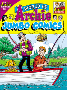 Dark haired white teenager jughead jones stands in a white rowboat on a peaceful lake surrounded by green trees. He wears a purple puffer coat and a green lifejacket vest, and black pants. He has a hero sandwich dangling from the end of his fishing line. Red haired white teen archie andrews who sits as he fishes, a red shirt and orange life vest on. Archie's golden retriever, vegas, watches with amusement.