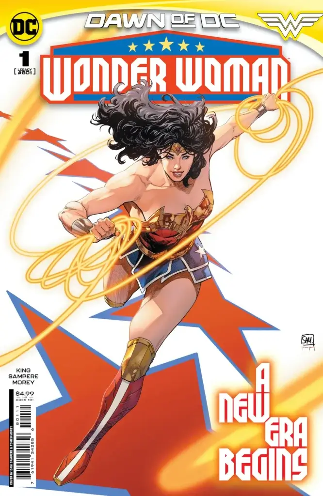 Wonder Woman #1 cover with Wonder Woman charging the reader with her lasso over a white background with red stars. 
