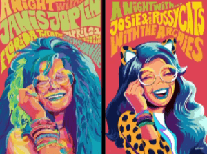 Melody Valentine is shown side-by-side with a portrait of Janis Joplin.