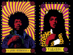 Valerie Brown is shown side-by-side with a portrait of Jimi Hendrix