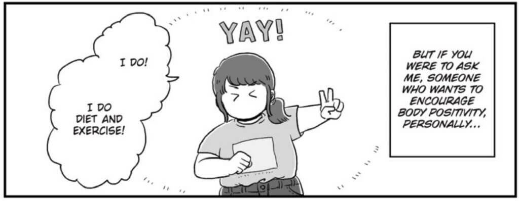 hara as an adult with long dark in a ponytail wearing a gray t-shirt with a lighter gray square on the front and dark pants gives a peace sign while saying, "Yay!" hara writes, "But if you were to ask me, someone who wants to encourage body positivity, personally…I do! I do diet and exercise!"