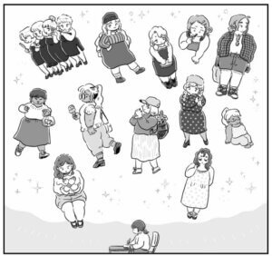 hara with mid-length dark hair in a ponytail sits in a white chair at a desk drawing. A large thought bubble with sparkles sits above her with fifteen fat women of different sizes, hairstyles, and ages, all wearing different clothes including skirts, dresses, plaid button down shirt over a white t-shirt with jean shorts, workout clothes, and a tank top.