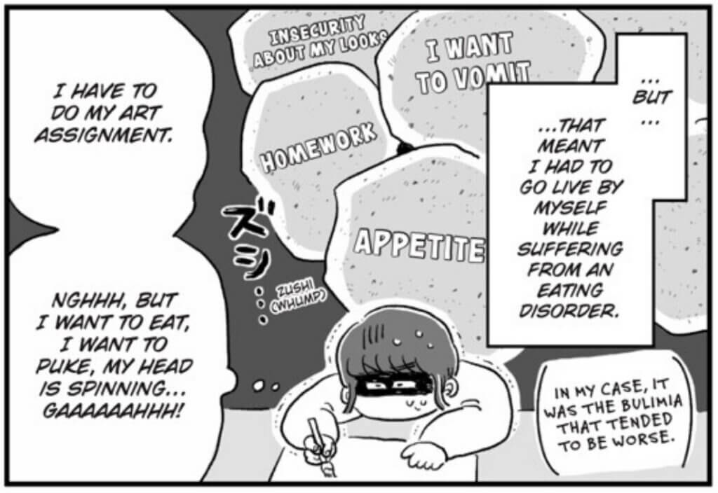 hara as a child wearing a white long sleeve shirt and a black mask that covers only the top section of her face and dark hair pulled back except for bangs and two strands on either side of her face framing it. hara sits at a white desk writing on a painting on a piece of paper. Thought bubbles appear in the top right corner of the panel, each word or phrase in a gray circle that is bordered in white with a black outline. They read "Homework," "Appetite," "Insecurity about my looks," and "I want to vomit." hara writes, "...But...that meant I had to go live by myself while suffering from an eating disorder. I have to do my art assignment. NGHHH, but I want to eat, I want to puke, my head is spinning...GAAAAAAHHH!" A white section with large parentheses appears in the bottom right corner of the panel that reads, "In my case, it was the bulimia that tended to be worse."
