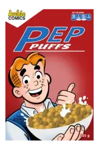 In a parody of a cereal box, red white thin redheaded teenager archie andrews wears a blue letterman jacket and grins winningly as he looks in the reader's directionm. He brandishes a big bowl of cereal which font over