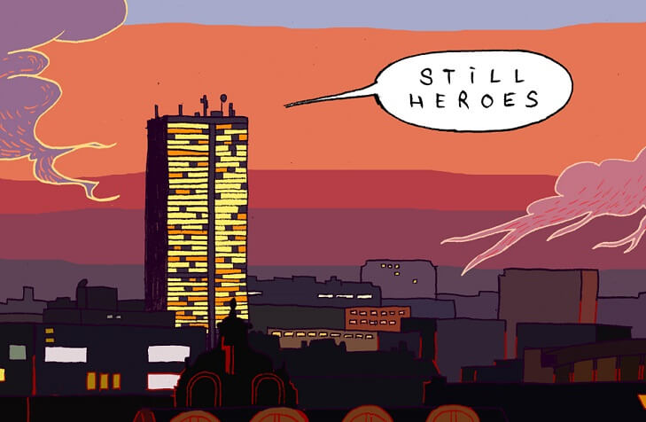 Two towers, the tallest building in the area, loom over a city. The buildings are lit up against a pink and orange sky, with plumes of smoke around it. A word balloon reads 'still heroes,' the tall pointed toward the buildings.