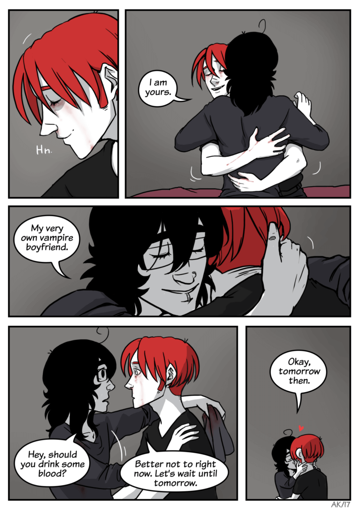A page from the webcomic Transfusions. Joa, a red-haired vampire, has bloody tears streaking down his face in several panels. Dylan, a man with long black hair hugs Joa in several panels as they talk.