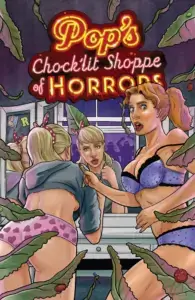 Cover of Pop's Chock'lit Shoppe of Horrors showing two women in their underwear surrounded by leaves