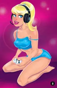 Betty wearing a loose fitting cropped shirt, shorts, and a gaming headset, and is holding a controller