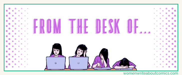 Banner decorative image. Text reads "From the desk of..." over sequential images of a woman in front of a laptop with long hair.