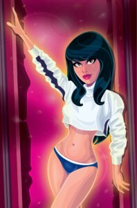 Veronica wearing a cropped long sleeve shirt and blue thong standing in a broken doorway resembling the first time Lisa appears in Weird Science