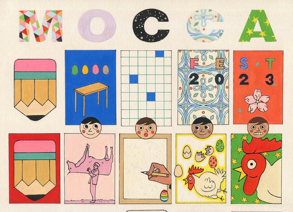part of the official poster art for MoCCA 2023 shows a grid of rectangles with images like comics panels