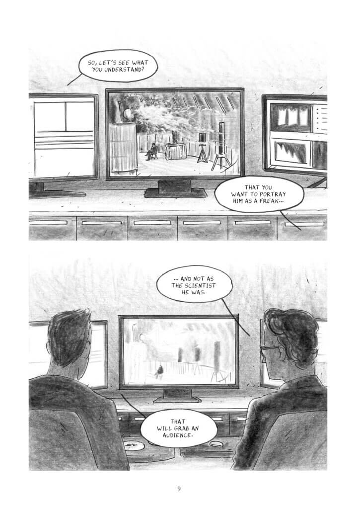 Nikola Tesla Page 11, drawn by Giovanni Scarduelli and written by Sergio Rossi. Comixology Originals and Becco Giallo. Published on March 28, 2023.