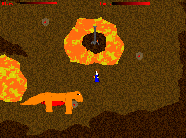 Image from The Last Resurrection: the heroine fights an orange dinosaur in a cave.