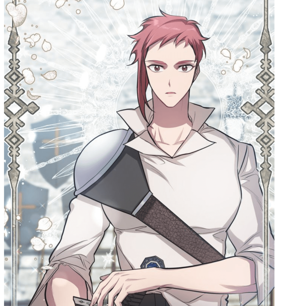 Johanna, lady knight with short hair and a big shoulder pauldron, holding a sword.