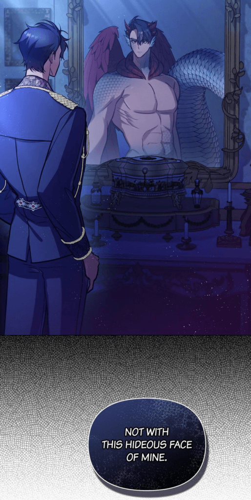 Vlad looking in the mirror and seeing his snake tail wings and horns self reflected back at him, ruminating on his hideous hot-guy face.