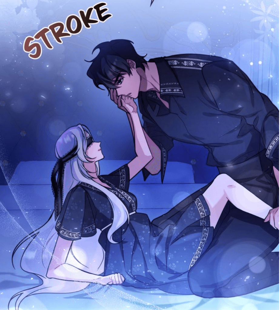 panel from Disobey the Duke if you Dare depicting Lily blindfolded in bed with Vlad.