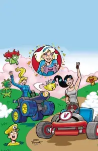 Archie characters in a mock Mario Kart scene with go carts, a snapping plant, and a goomba-like mushroom