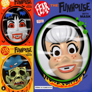 Three pictures of Archie Fear the Funhouse masks