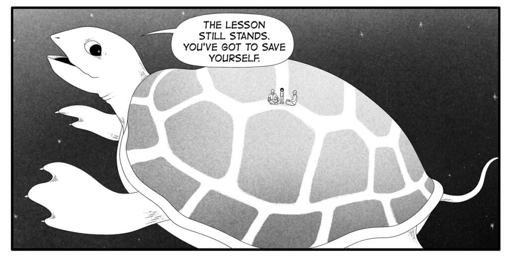 Three humanoid persons sitting atop a giant, talking turtle in space. 