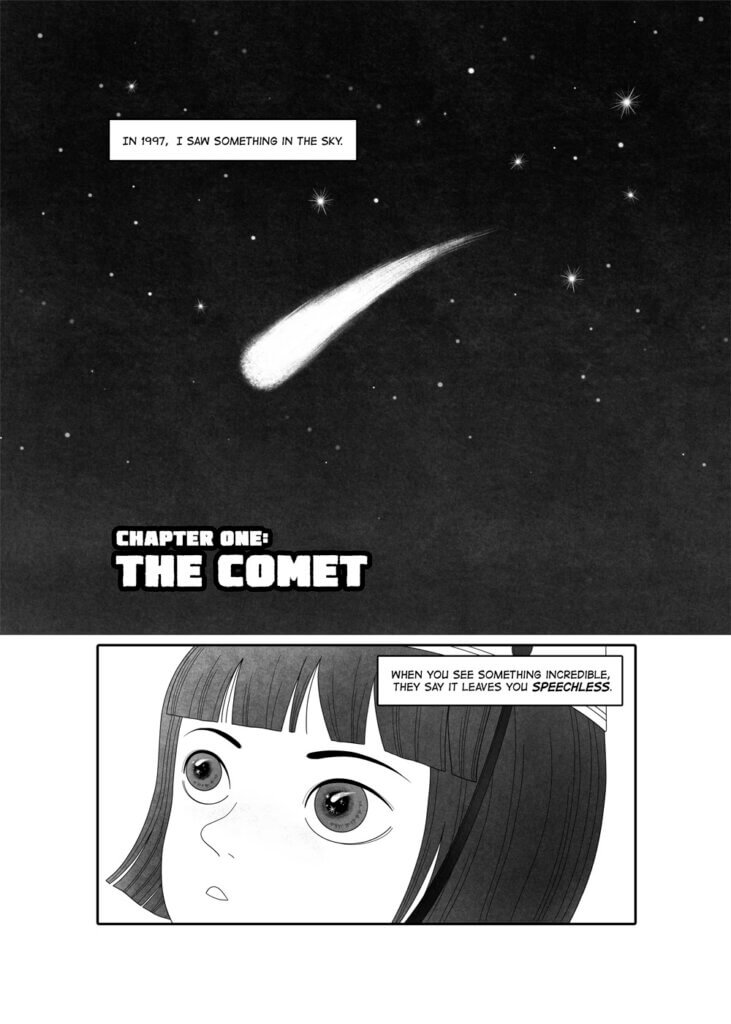 Little girl sees a comet in the night sky
