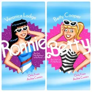 Two graphics depicting Veronica and Betty in the style of the 2023 Barbie movie posters