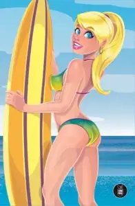 Graphic depicting Betty in a green swimsuit holding a surfboard in front of the ocean