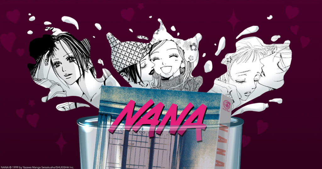 Glass of milk with Nana volume dropping into it and the main characters in the splashes, referencing the "got milk" ad campaign from the early 2000s.