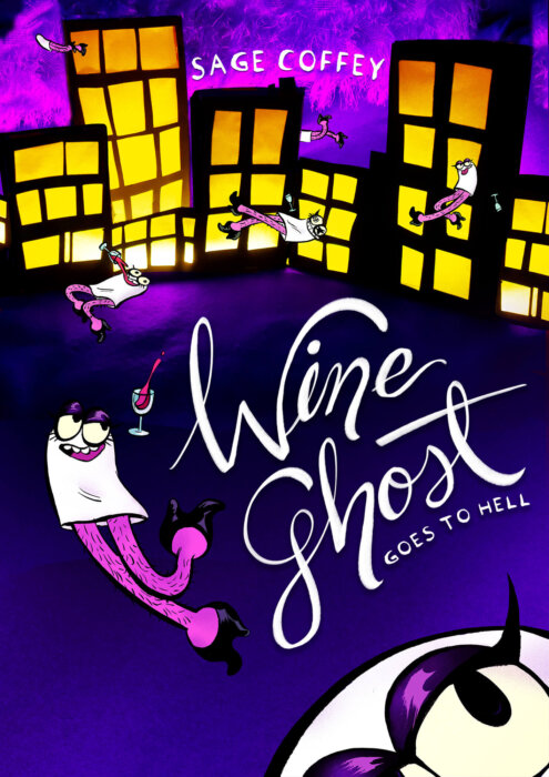 On the cover of Wine Ghost, Wine Ghost herself floats into view in front of a cityscape, drinking wine as she gets closer to the viewer.