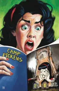 Graphic of a woman reading a comic titled Camp Pickens