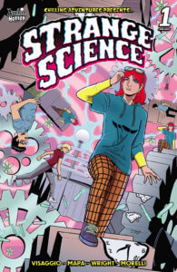 Danni Malloy, a tall, white, redheaded teenager, stands amid neon-coated chaos in a blue-green and yellow sleeved hoodie and orange and black plaid pants. She pushes up a pair of goggles and looks determined while gears and beakers shatter and Dilton Doiley float through the air. Behind her there sits another Danni, wearing identical clothing and looking confused. The neon lightning is fuscia.