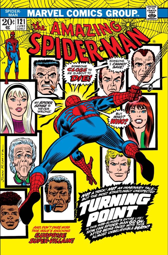 Cover of Amazing Spider-Man #121 by artist John Romita Sr. depicting Spider-Man and supporting characters